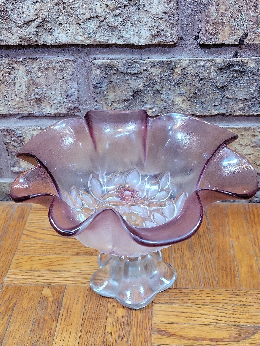 Vintage Mikasa Rosella Frosted Pink Glass Pedestal Bowl Ruffled Floral Compote